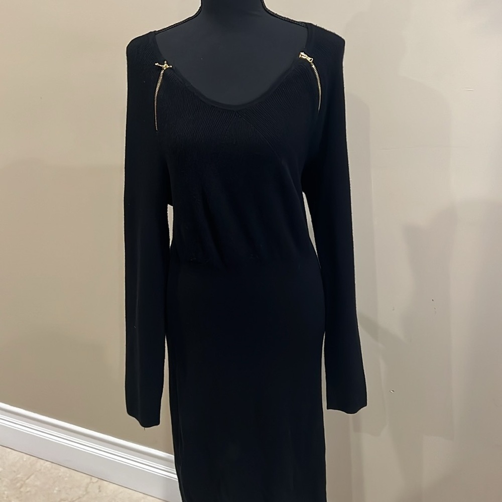 INC International Concepts Black Long Sleeve Knit Dress with Gold Zipper Accents